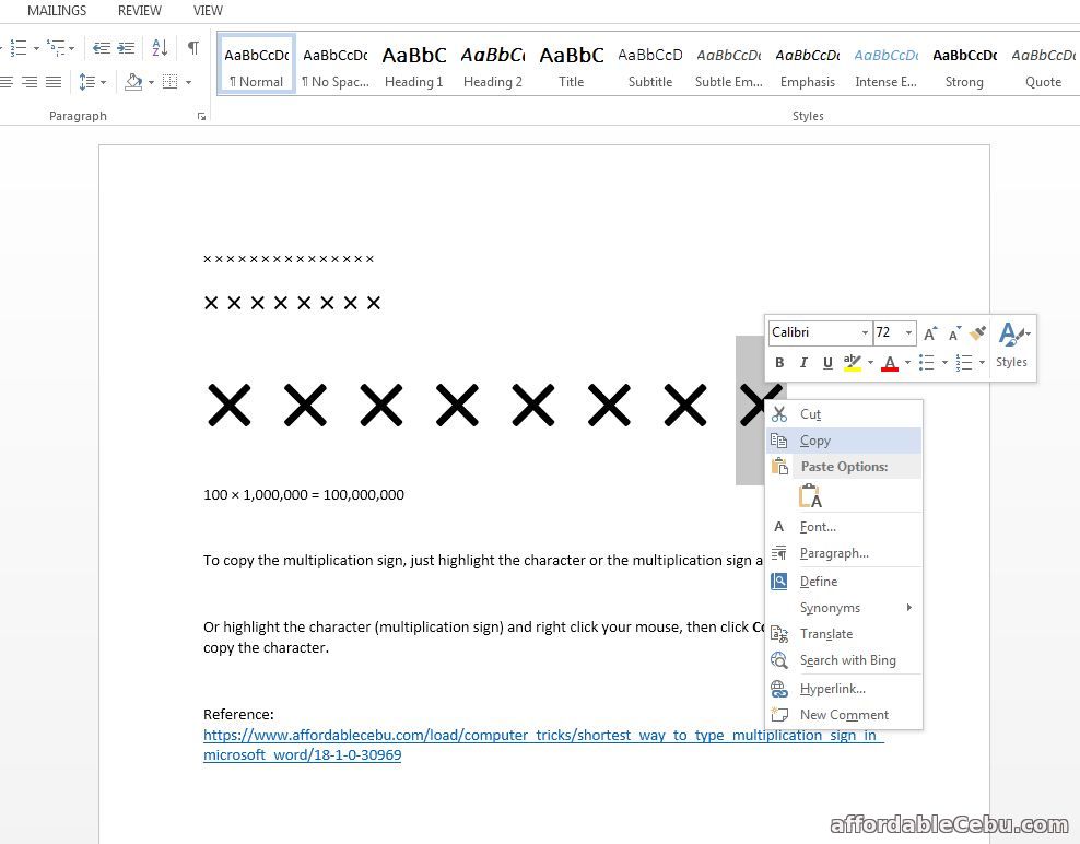 How to type multiplication sign in word