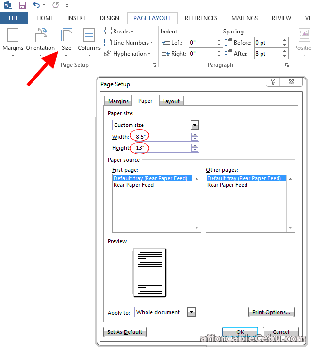 Long Size Bond Paper in Microsoft Word