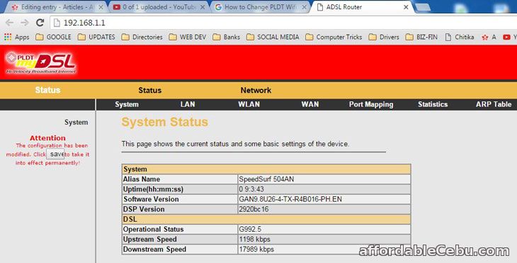 PLDT myDSL modem control panel