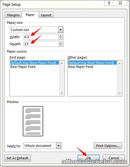 Set Long Bond Paper Size in Microsoft Word (Step 2)