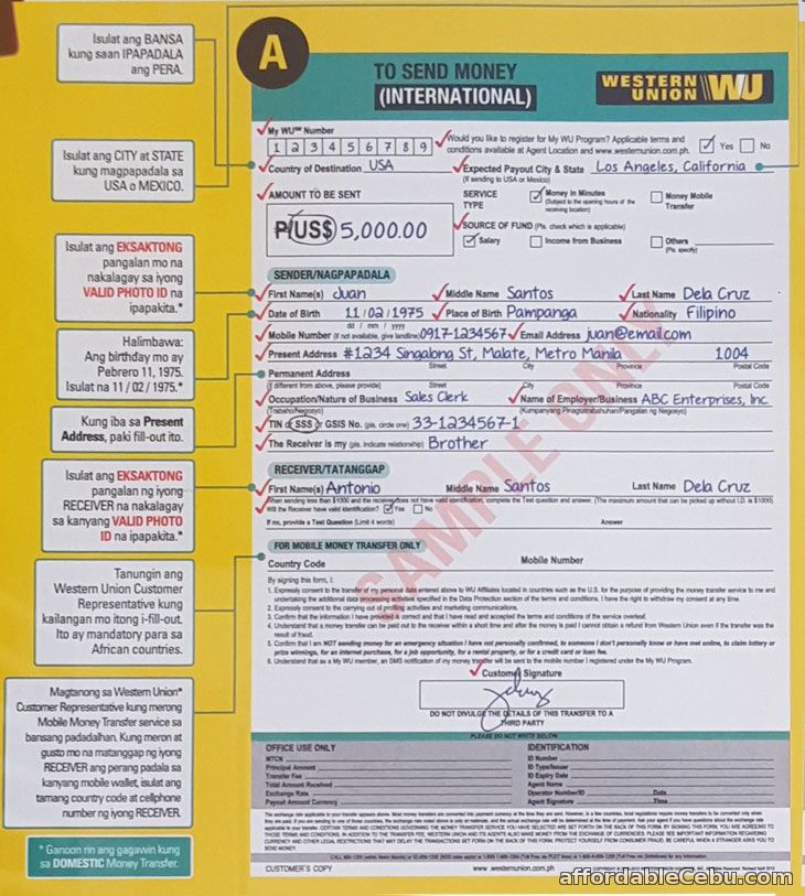 Western Union Send Money Form