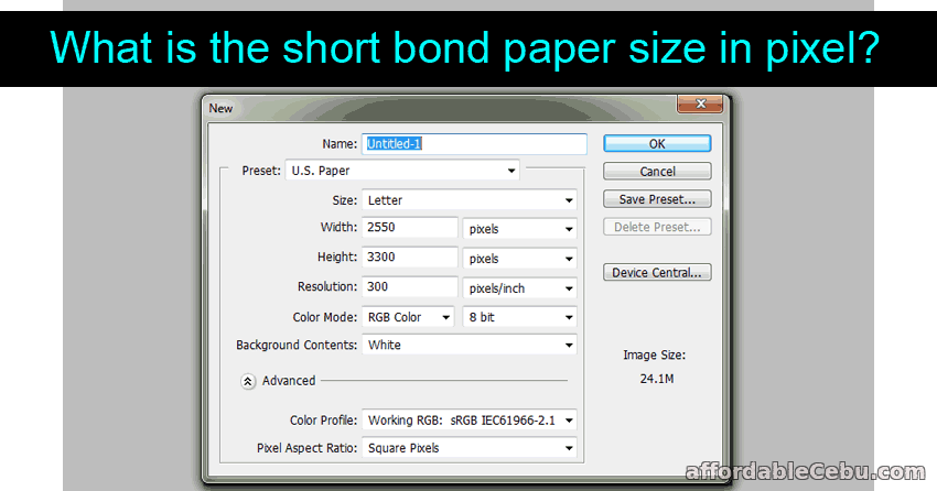 Short bond paper size in pixel