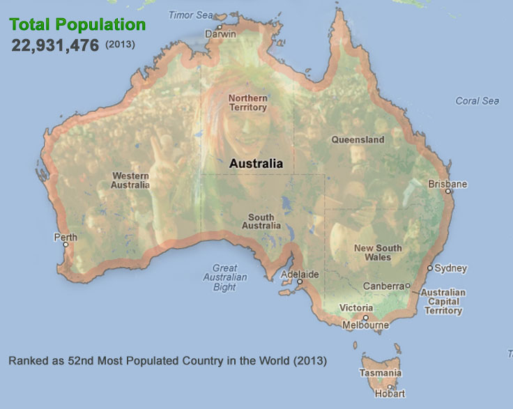 Australia Map with Total Population Figures