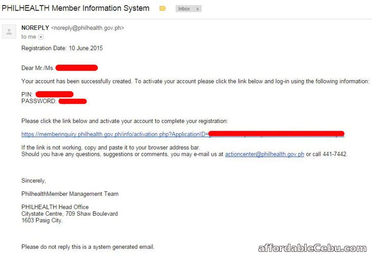 PhilHealth Activation Link Email Message