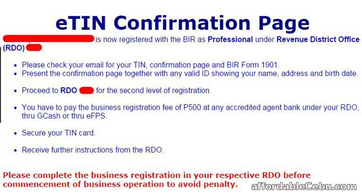 TIN Registration Confirmation Page