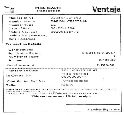 Ventaja PhilHealth OFW Premium payment receipt