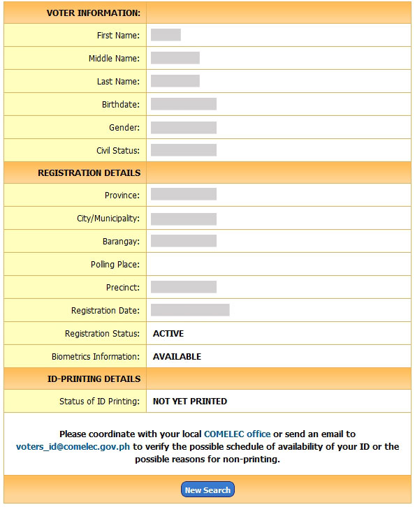 Voter's ID registration status checker result