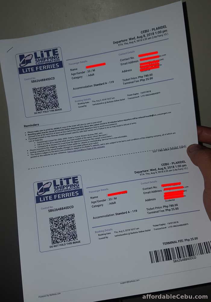 Lite Shipping Itinerary Receipt - Online Ticket