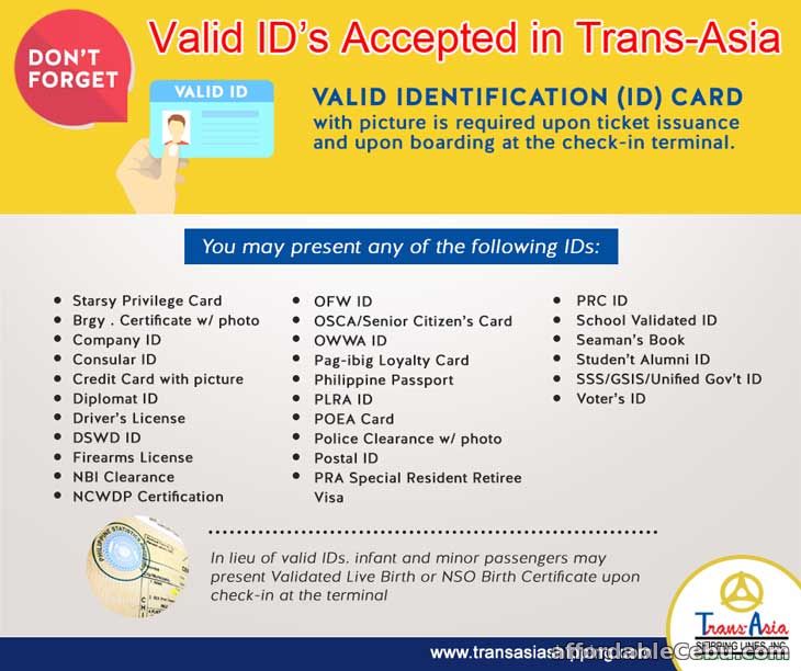 List of Valid ID accepted in Trans-Asia