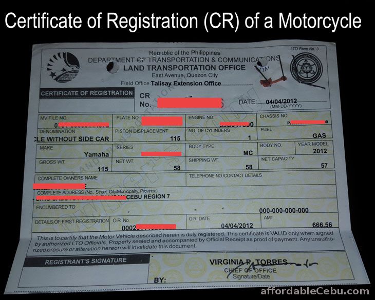 Certificate of Registration CR of a Motorcycle LTO