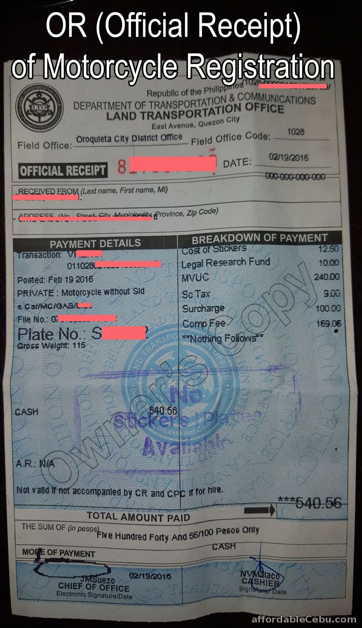 Official Receipt OR Motorcycle Registration LTO