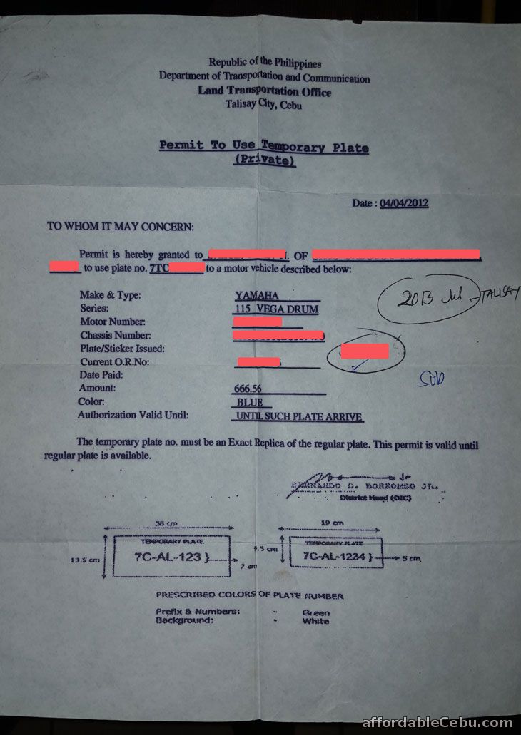 Permit to Use Temporary Plate (Private)