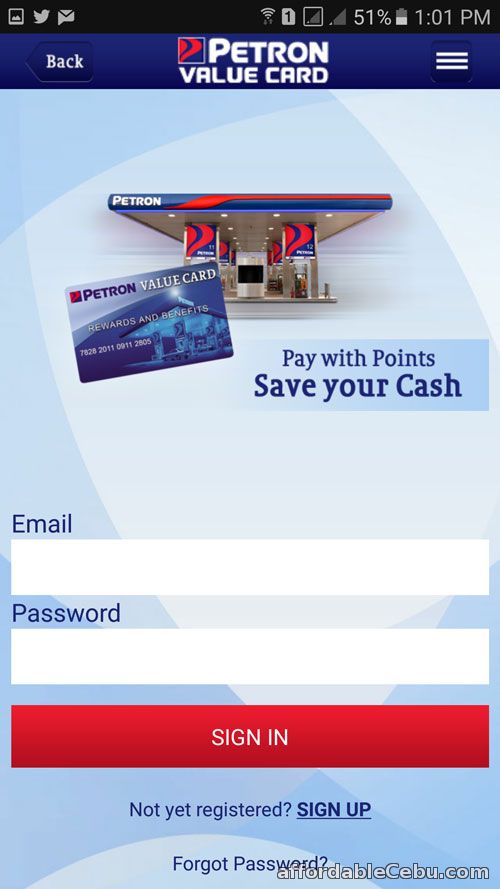 Petron Value Card log-in screen