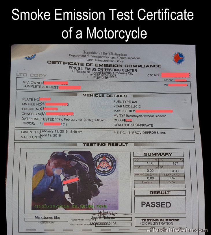 Smoke Emission Test Certificate of a Motorcycle